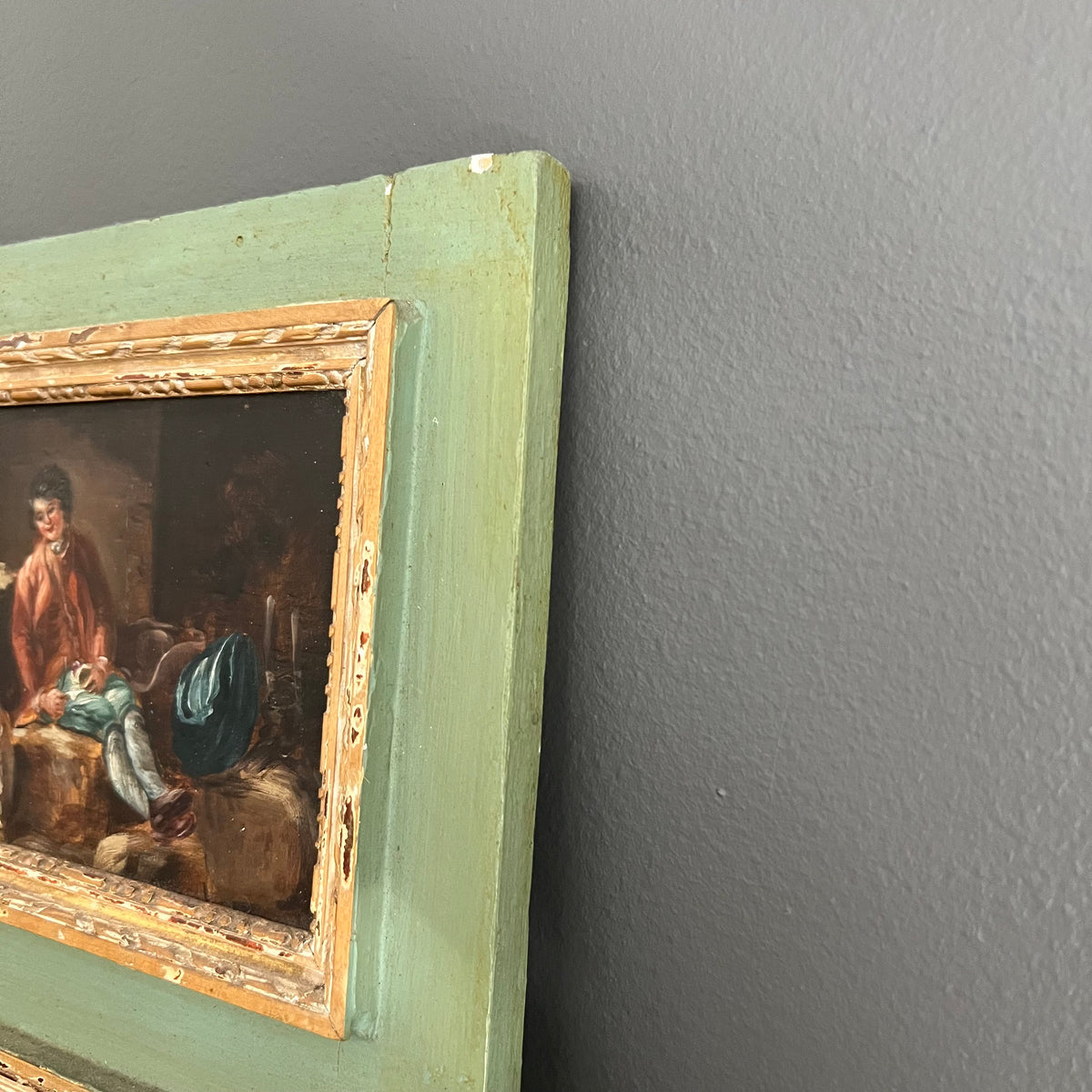 Antique French Trumeau Mirror and Painting 1800’s Boy and Dog