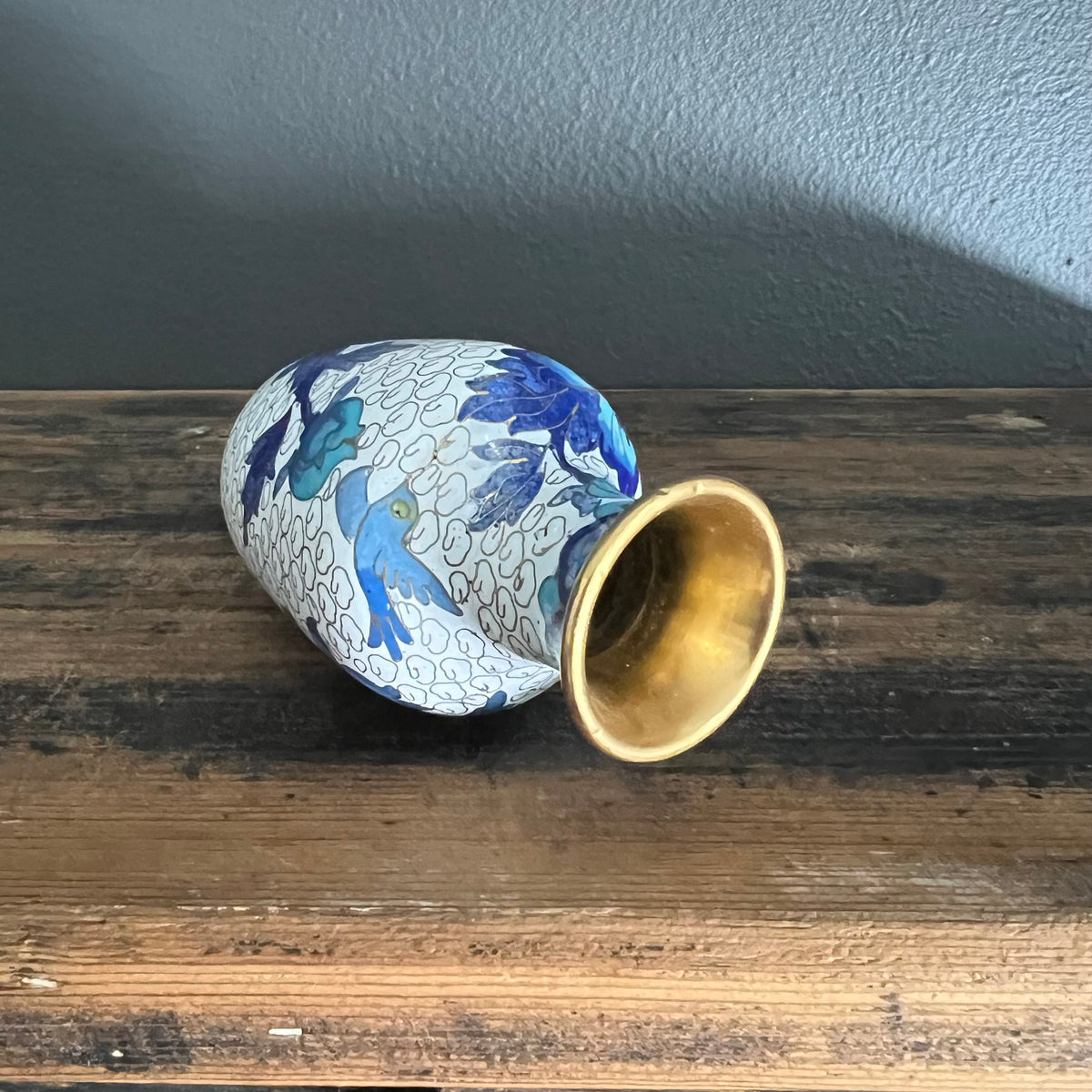 Vintage Cloisonné Vase Blue and White Florals and Bird