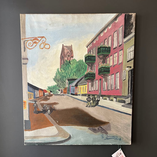 ON SALE was $439 Vintage Oil Painting Colourful Streetscape 1950s