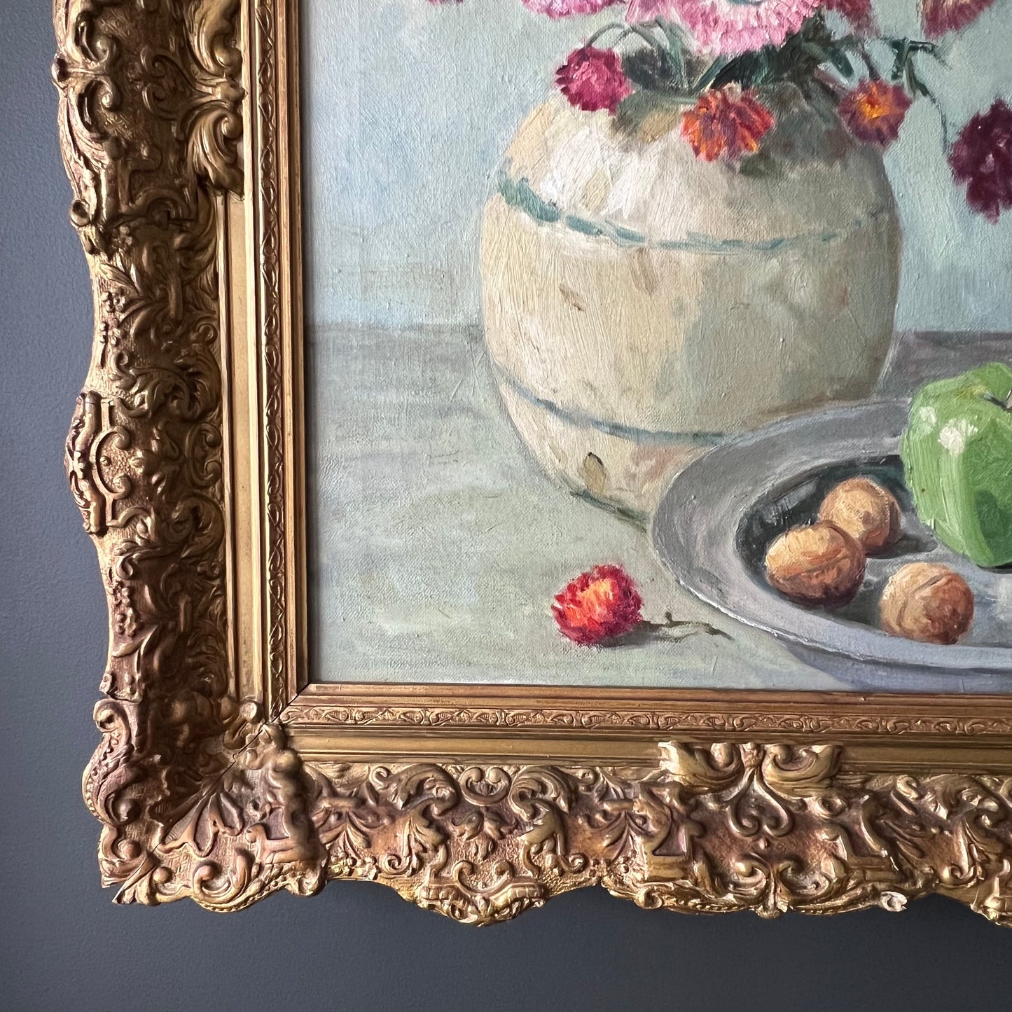 Vintage Oil Painting Dutch Still Life Stunning Strawflowers