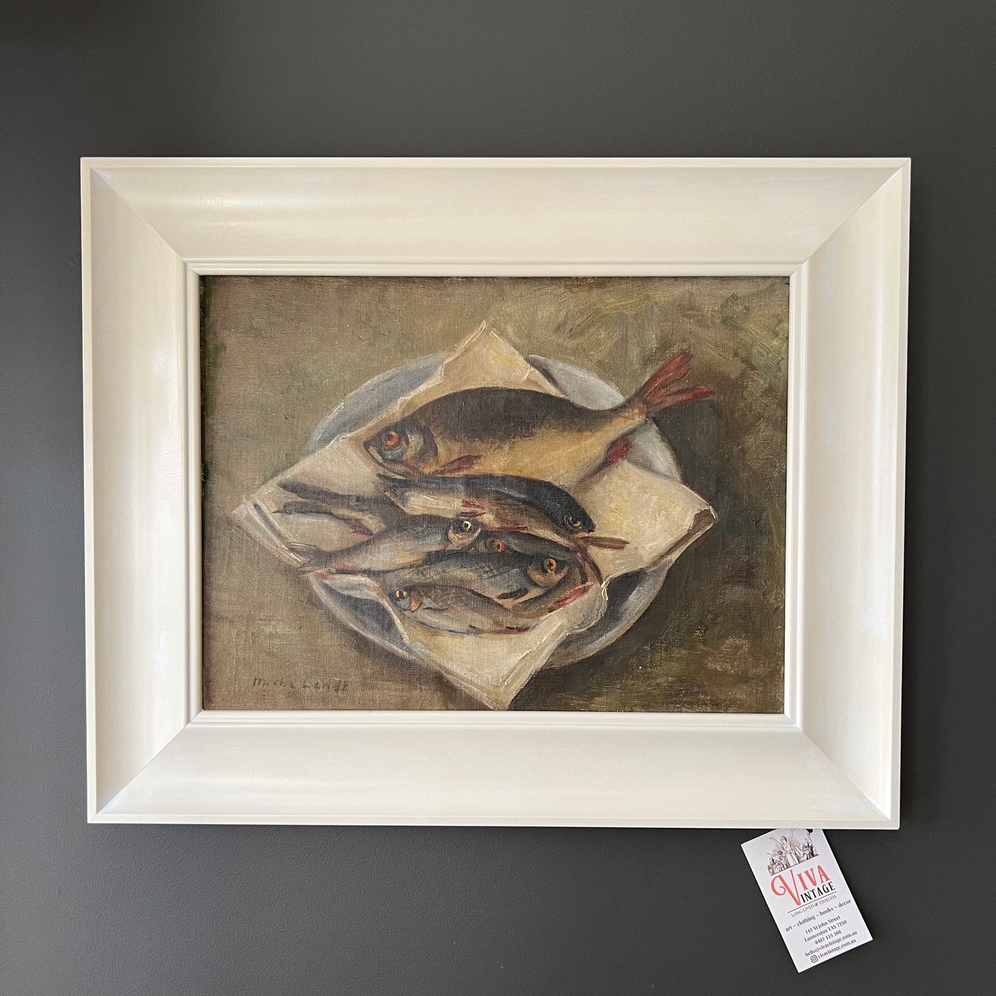 Divine Vintage Oil Painting Dutch Still Life Fish on Plate 1940s