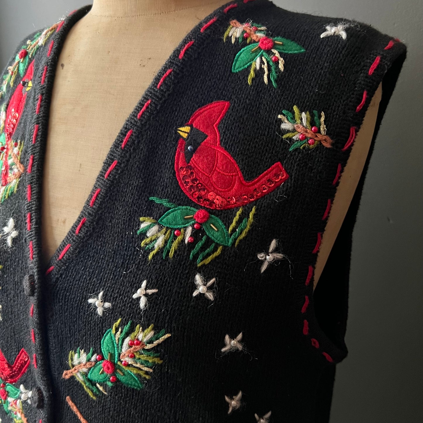 Vintage Boston Gallery Embroidered Cotton Vest with Red Cardinal Birds