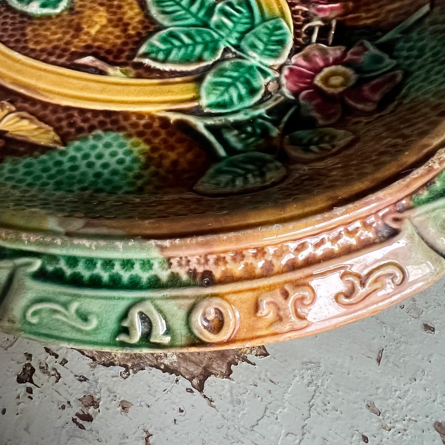 Rare Antique Majolica Bread Plate Dish Waste Not Want Not