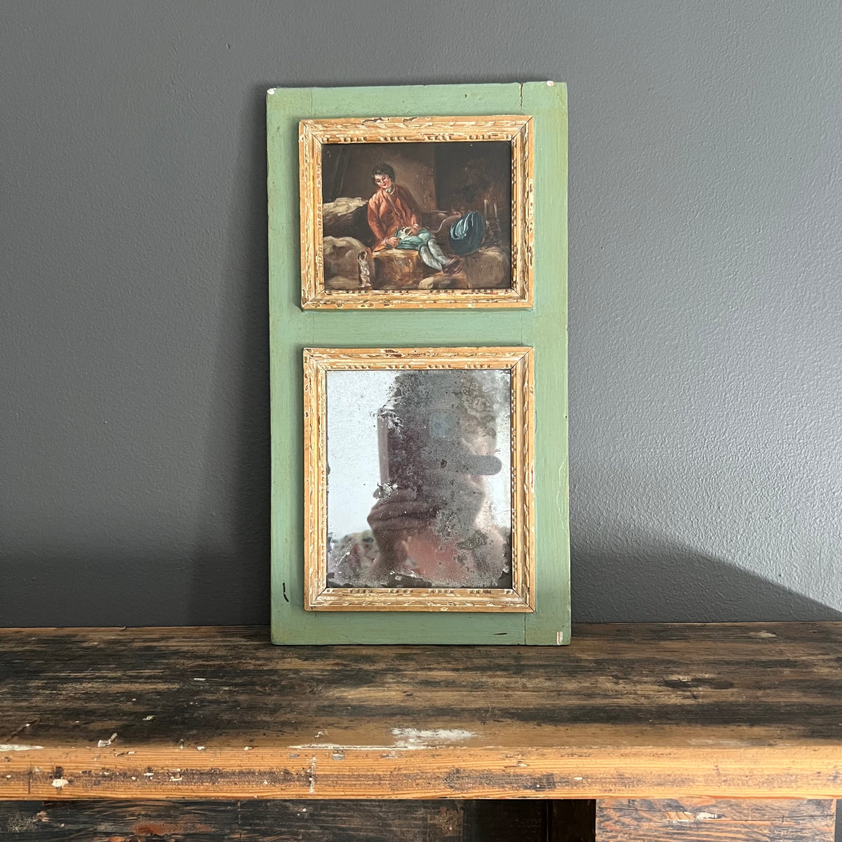 Antique French Trumeau Mirror and Painting 1800’s Boy and Dog