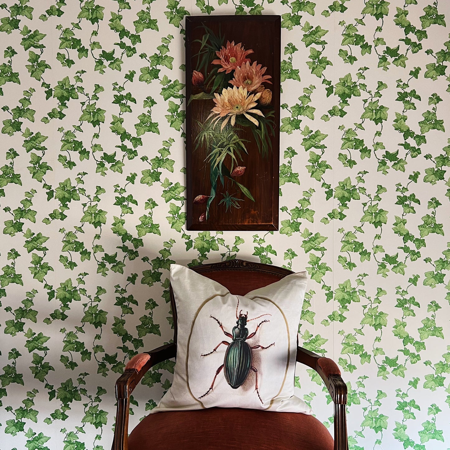 Antique Oil Painting Still Life Pink Flowers & Foliage on Wood