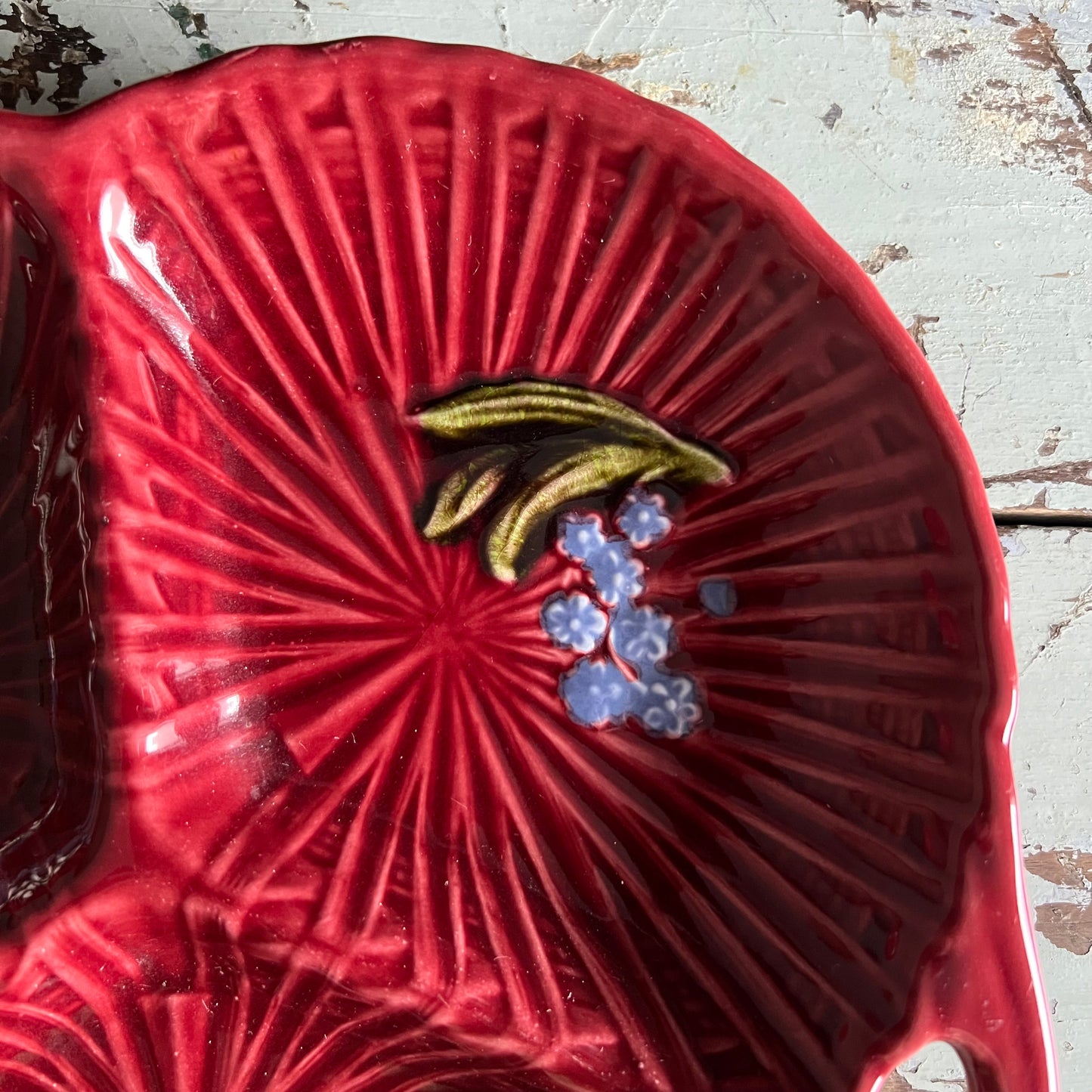 Vintage Burgundy Majolica Dish Hand Painted Lily of the Valley Germany