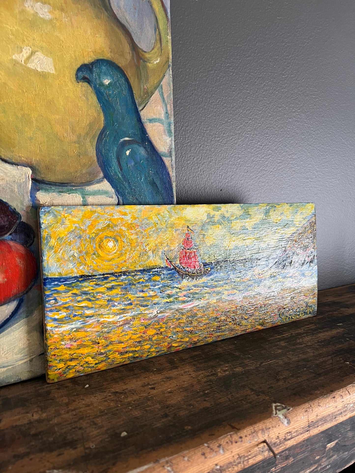 Vintage Painting Impressionist Seascape Sailboat in the Sunshine