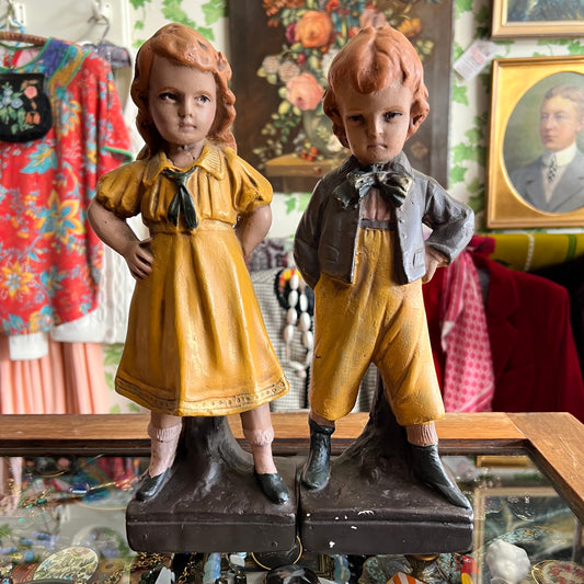 Vintage Boy & Girl Pair Chalkware Statues France