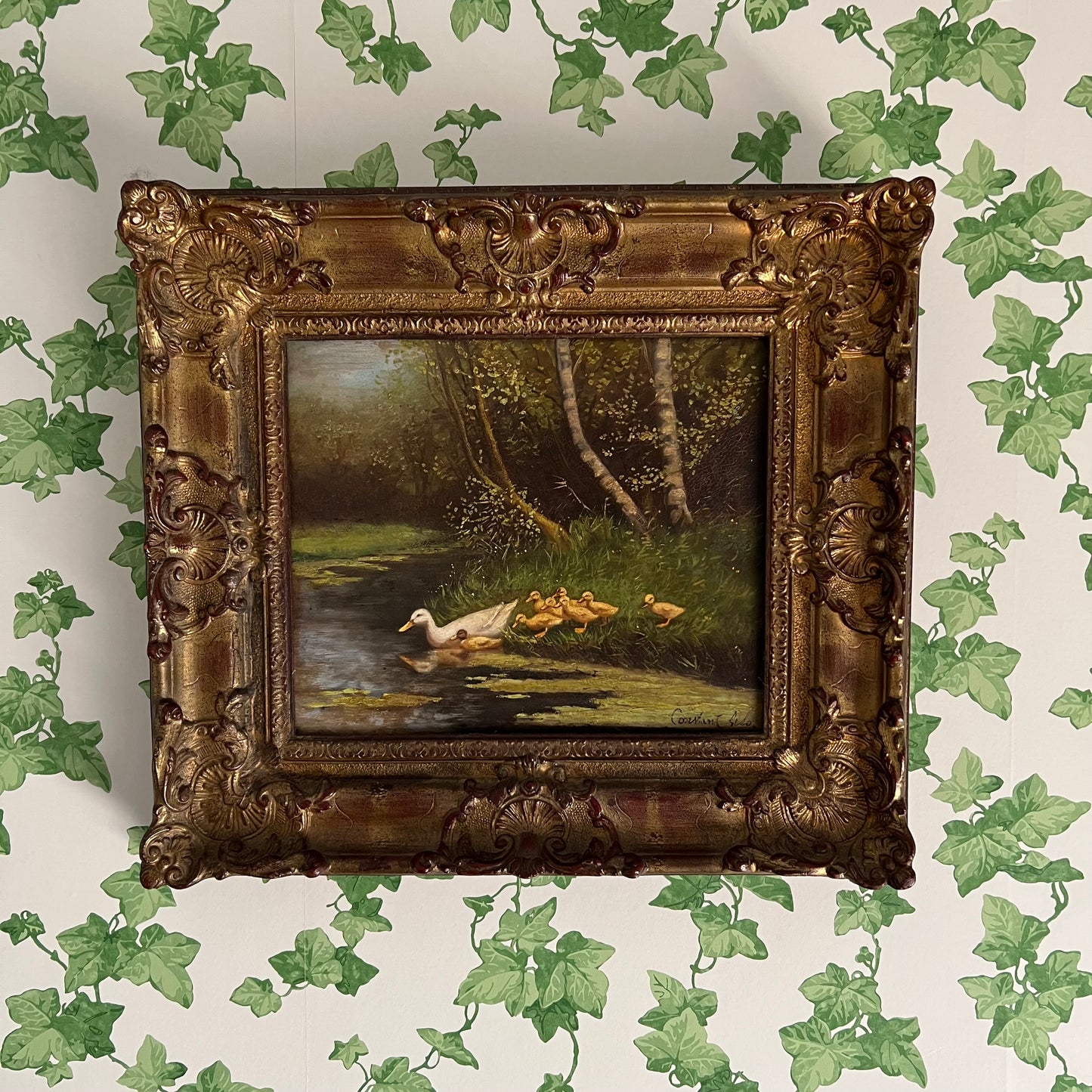 Vintage Oil Painting Landscape Duck Family by a Stream Ornate Frame