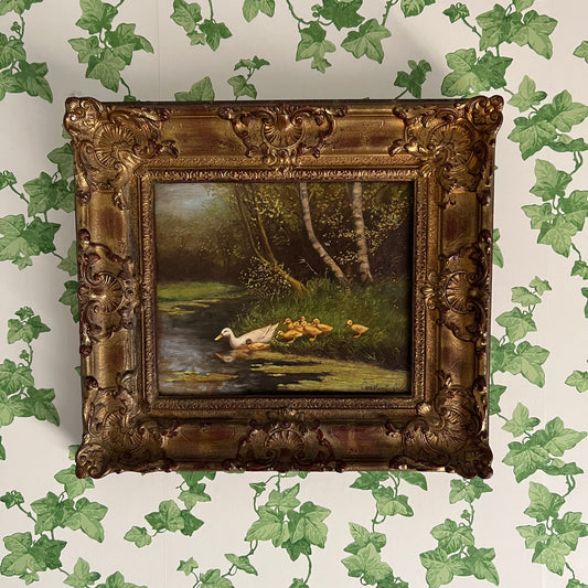 Vintage Oil Painting Landscape Duck Family by a Stream Ornate Frame