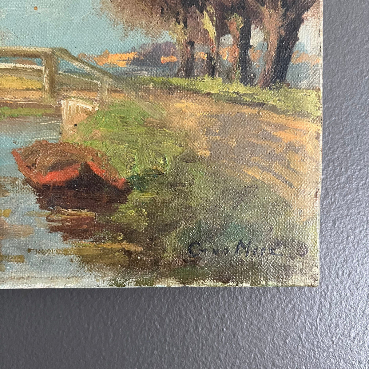 Vintage Original Oil Painting Landscape Farmhouse with Stream Dutch