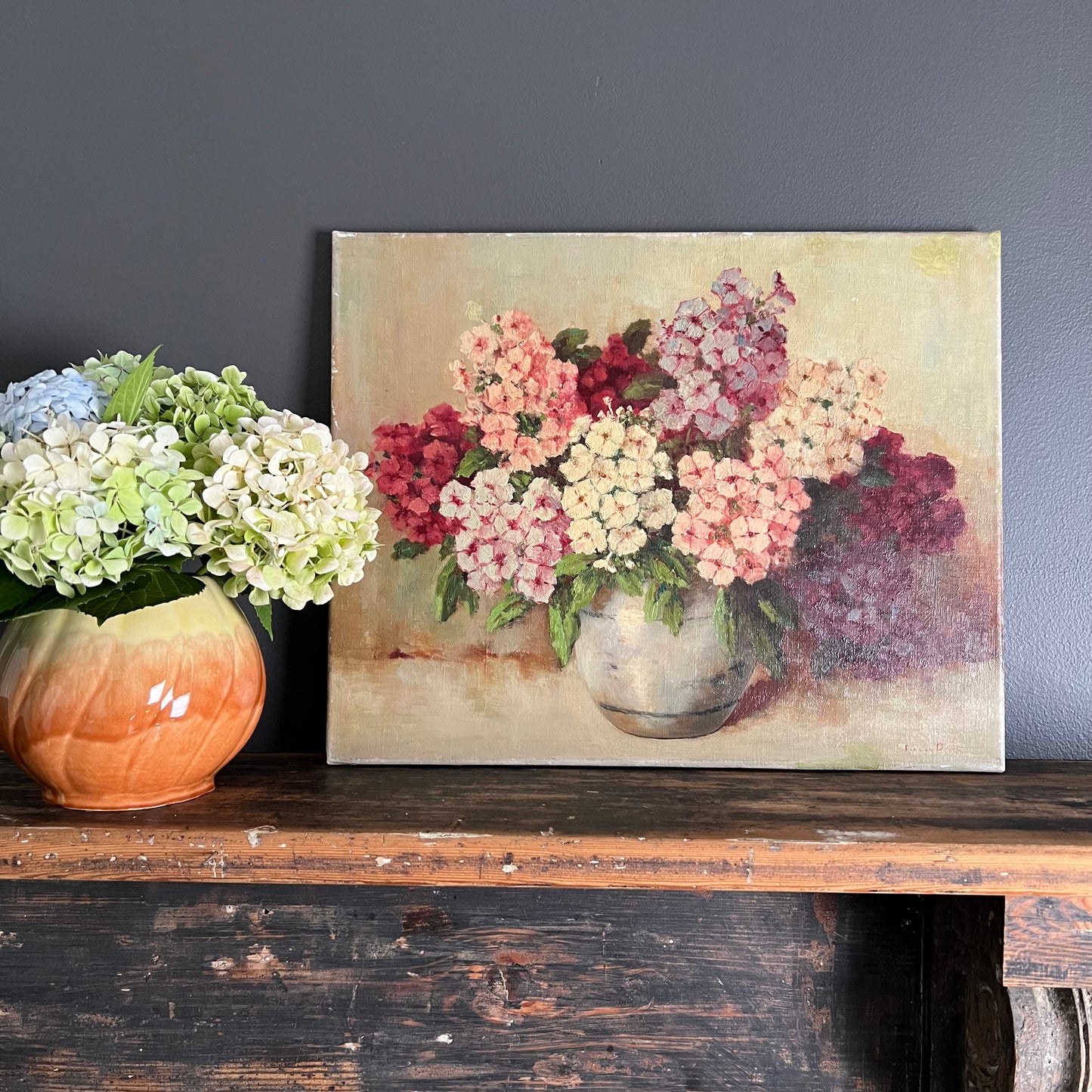 Vintage Oil Painting Still Life Phlox Flowers in Vase Dutch