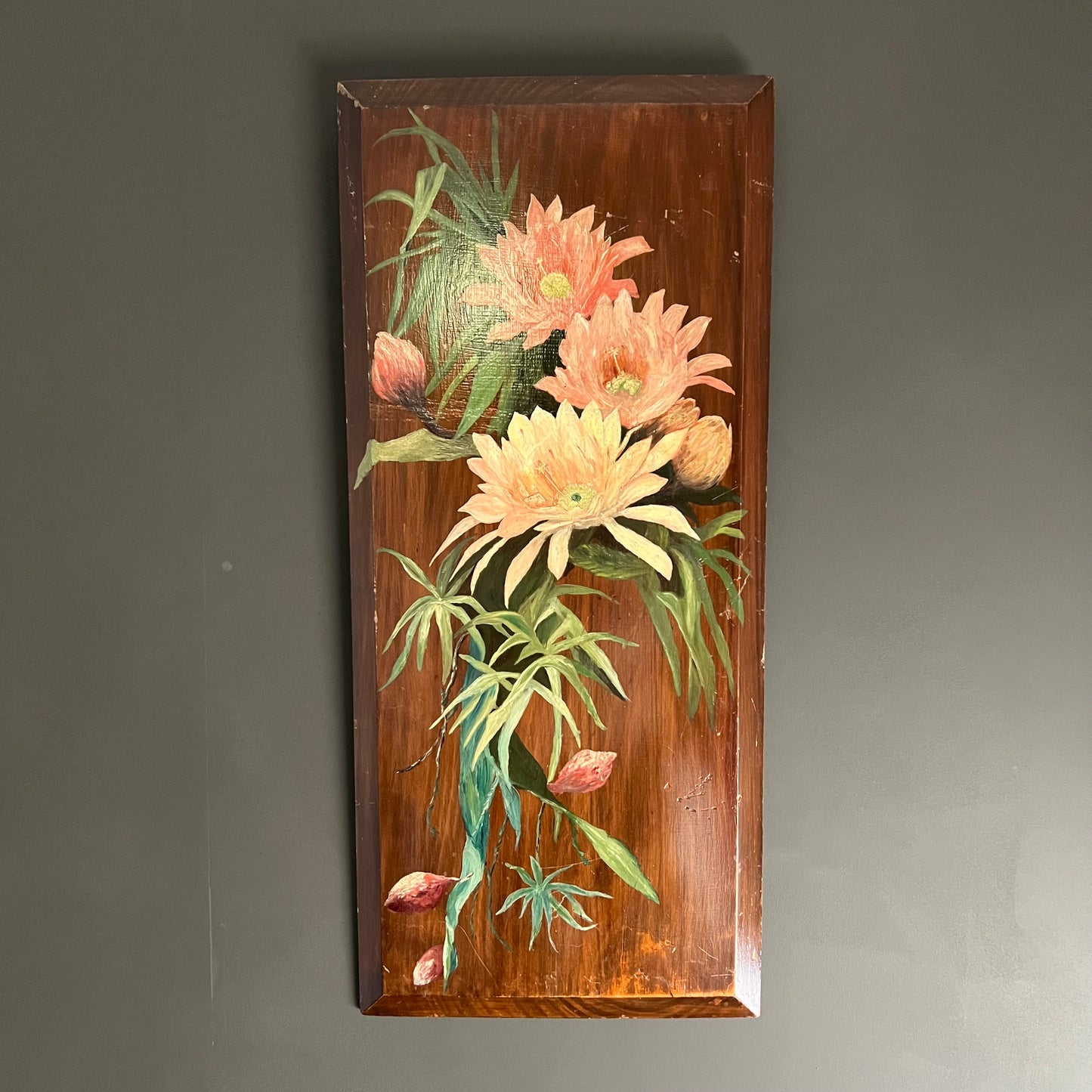 Antique Oil Painting Still Life Pink Flowers & Foliage on Wood