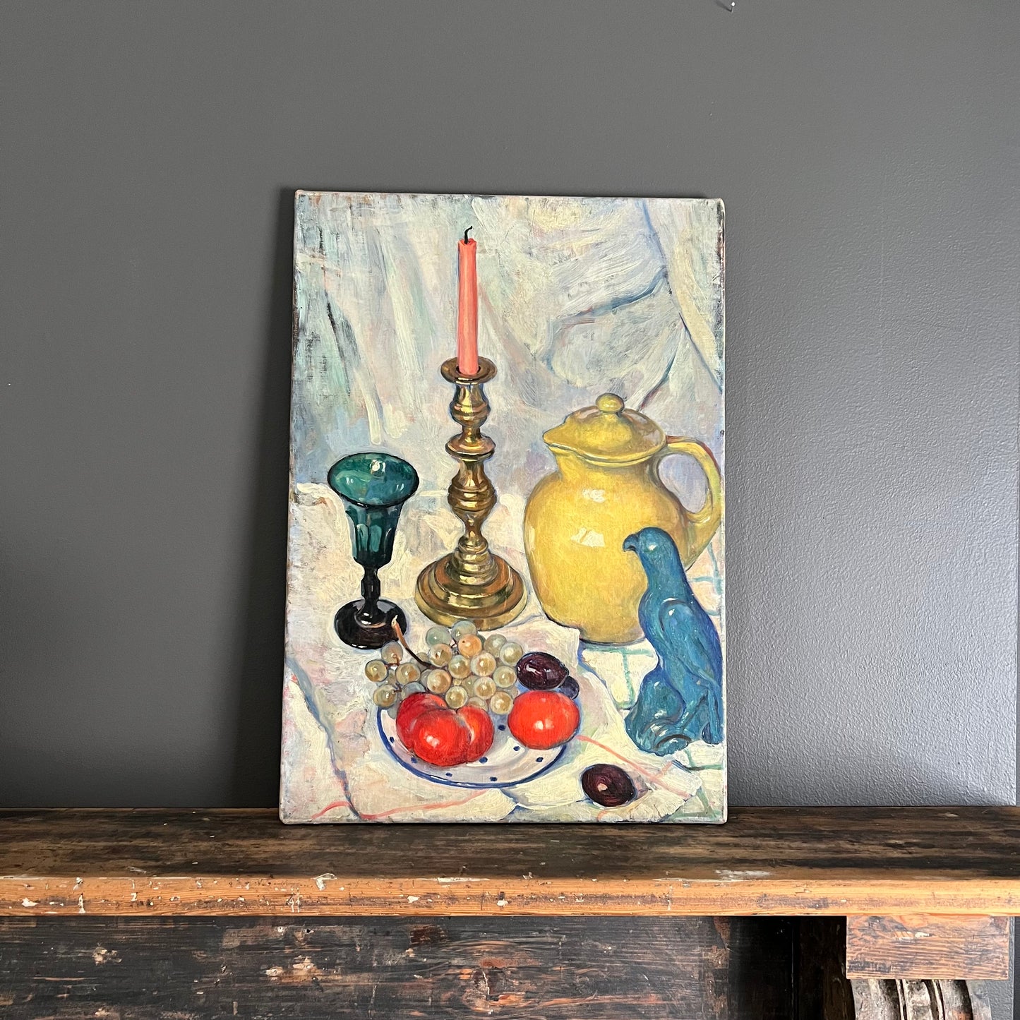 Vintage Painting Still Life Candlestick, Glass and Tomato