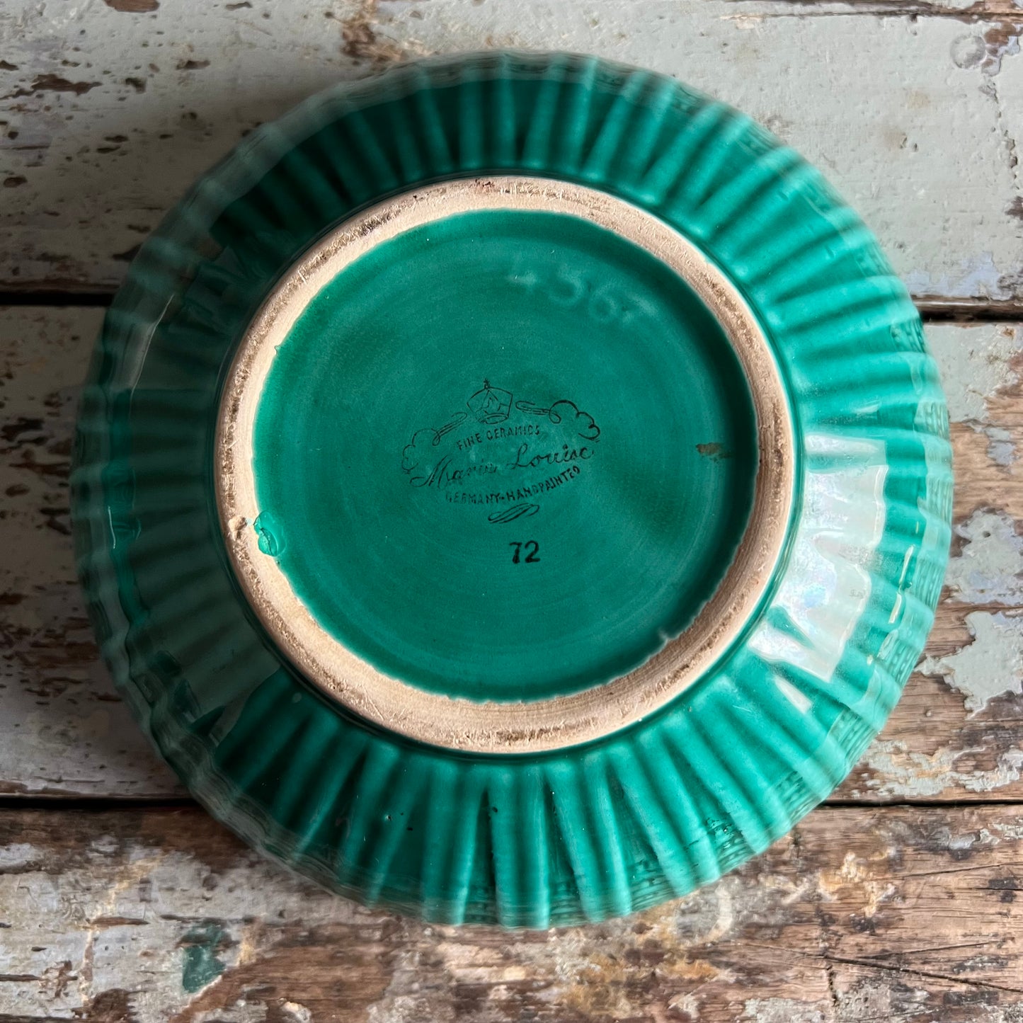 Vintage Majolica Green Covered Dish with Hand painted Lily of the Valley by Marie Louise Germany
