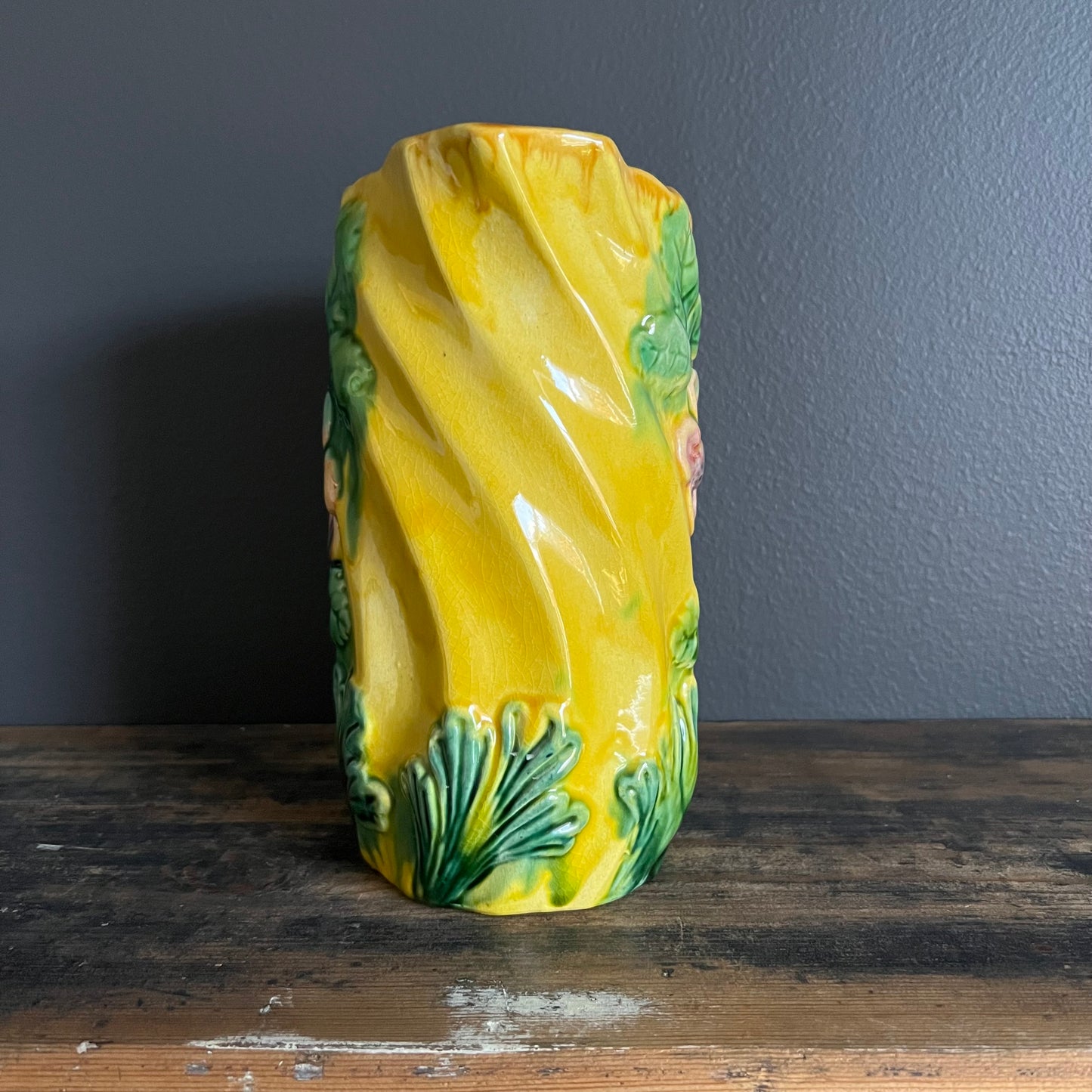 Vintage Majolica Style Pottery Jug Flowers & Leaves