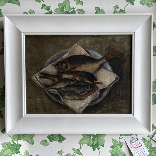 Divine Vintage Oil Painting Dutch Still Life Fish on Plate 1940s