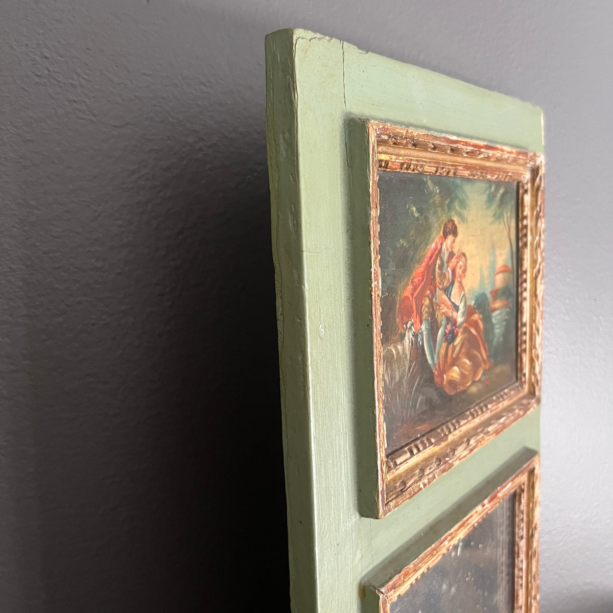 Antique French Trumeau Mirror and Painting 1800’s Courting Couple