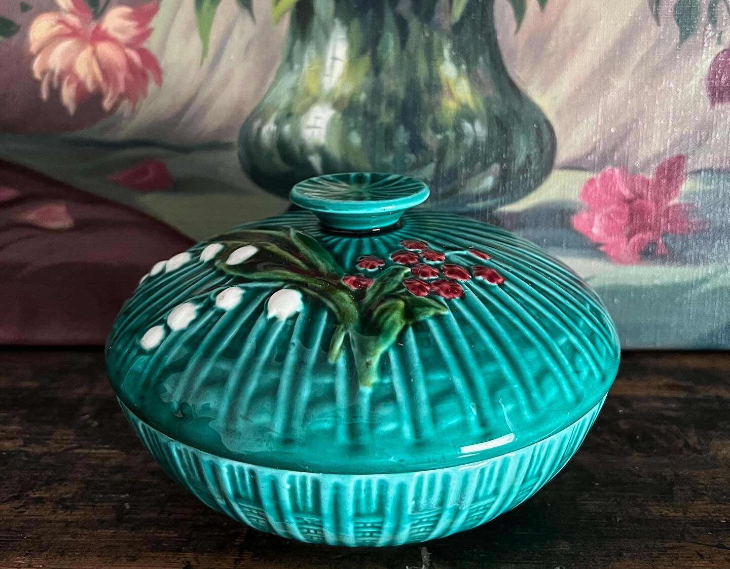 Vintage Majolica Green Covered Dish with Hand painted Lily of the Valley by Marie Louise Germany