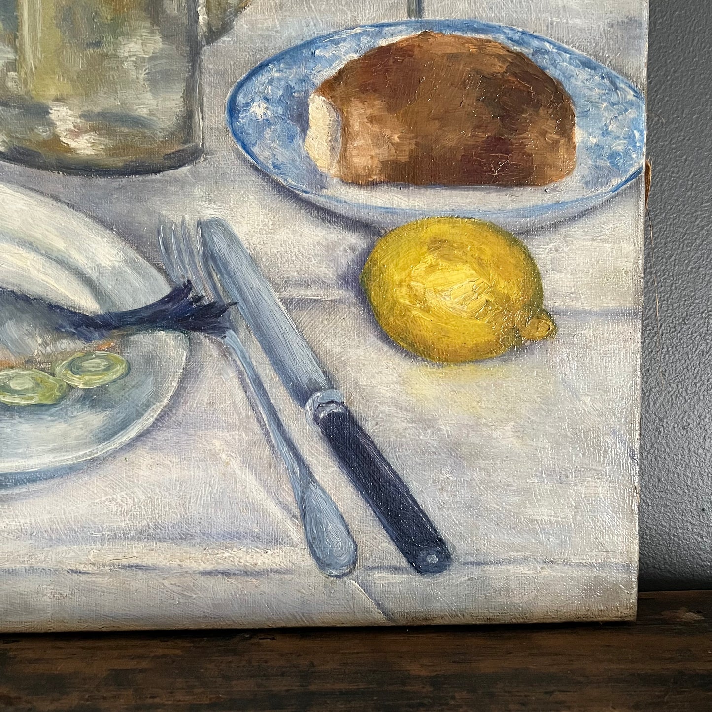 Antique Oil Painting Still Life Tabletop Scene with Fish Dinner France