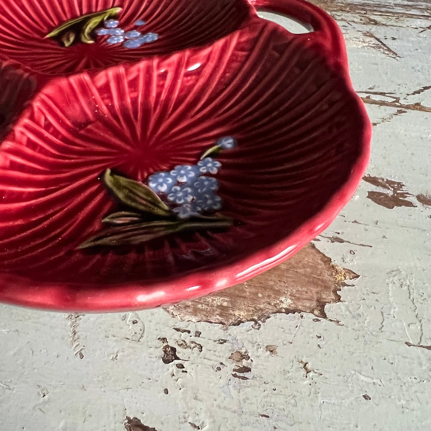 Vintage Burgundy Majolica Dish Hand Painted Lily of the Valley Germany