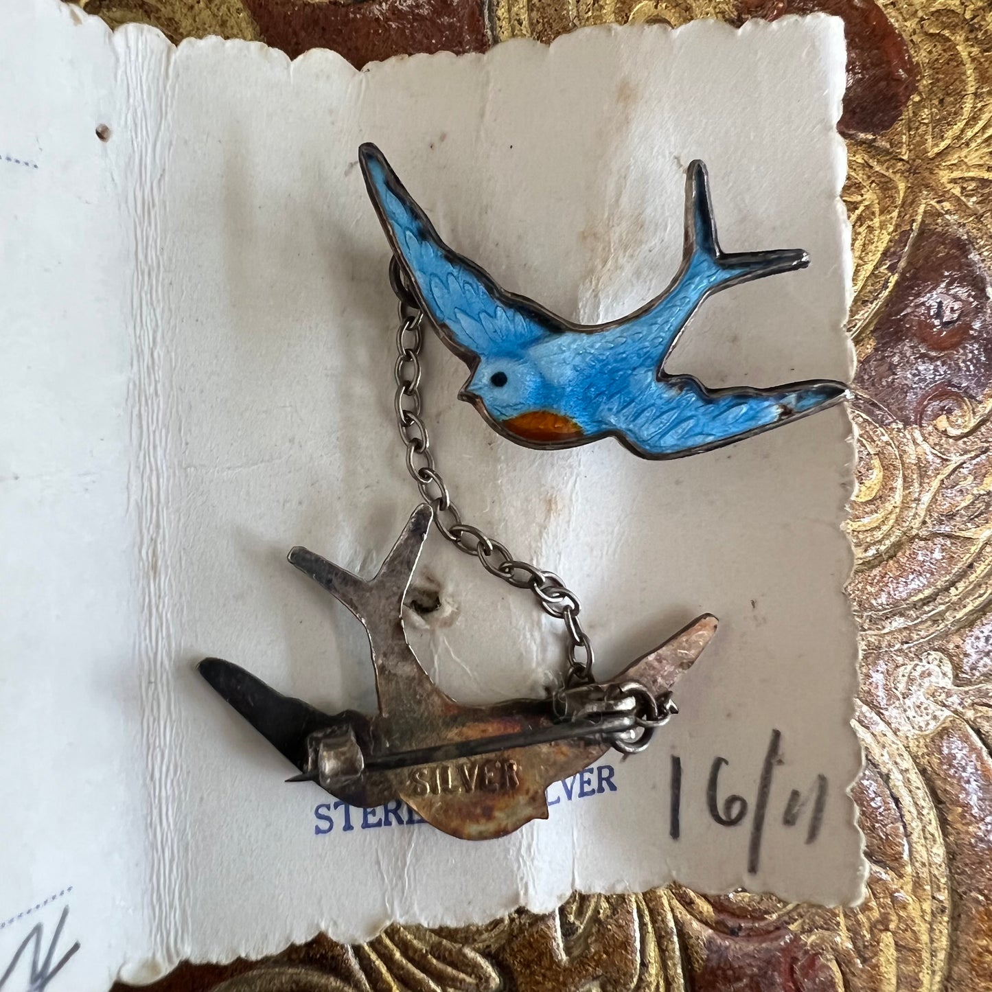 Antique Silver Enamel Blue Birds of Happiness Duo Brooch Original Card & Box