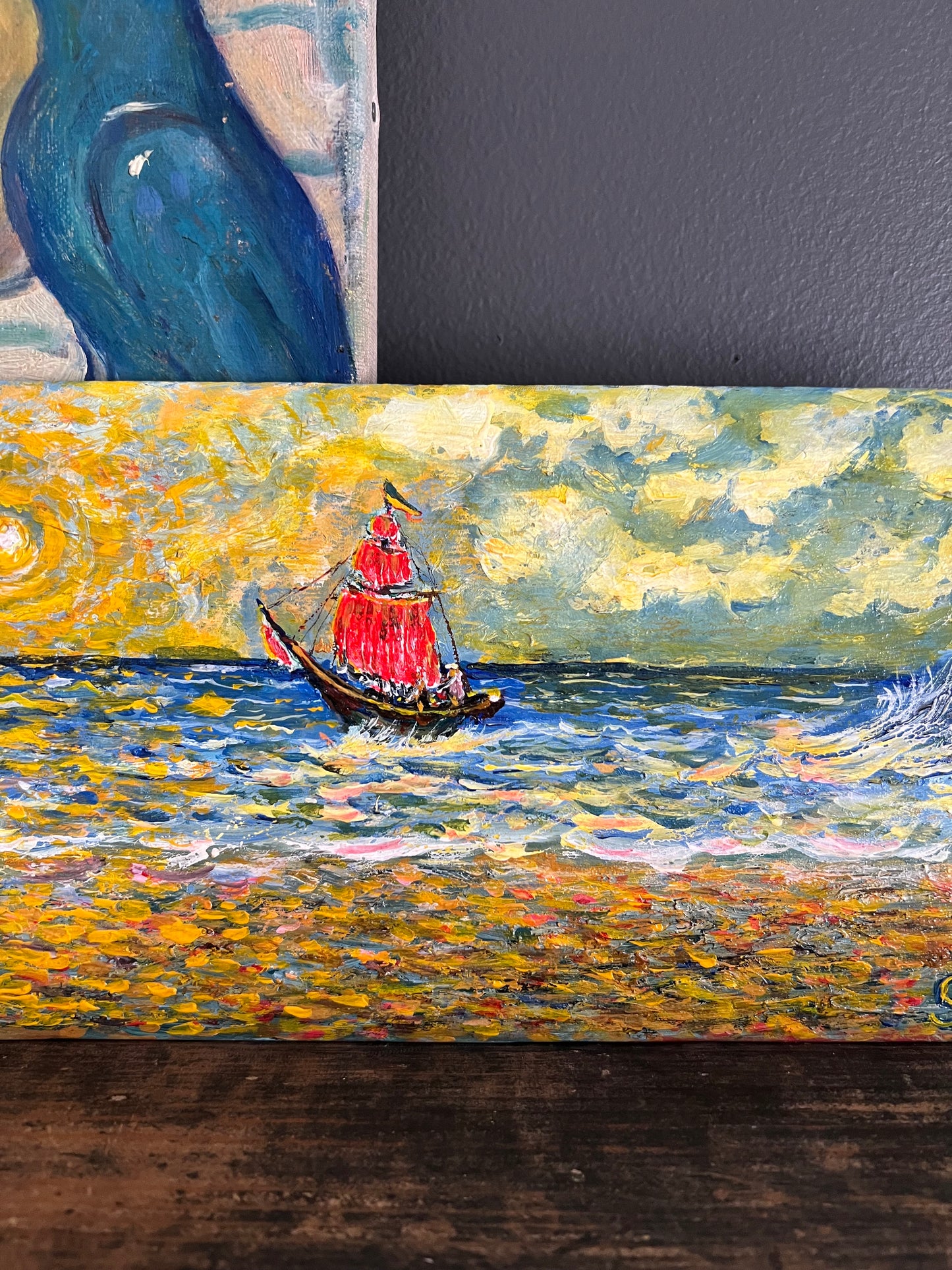Vintage Painting Impressionist Seascape Sailboat in the Sunshine