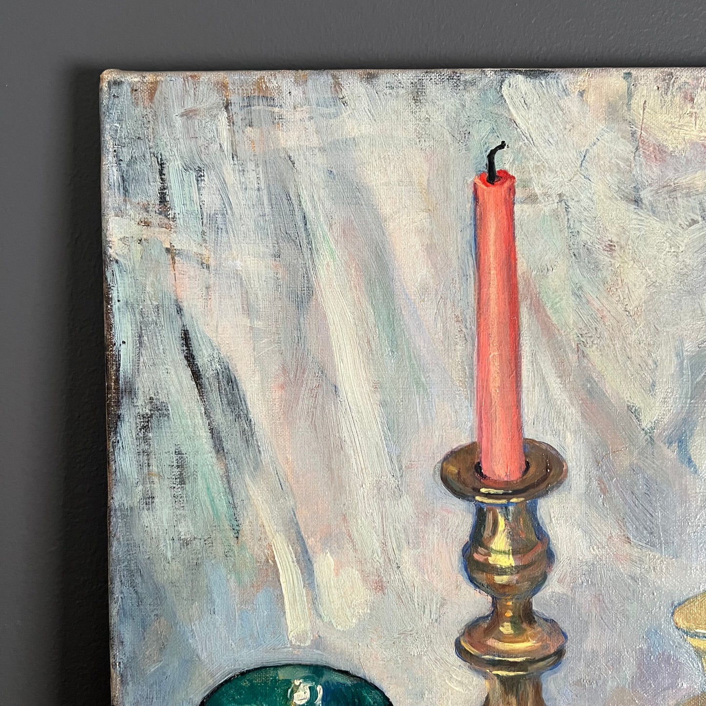 Vintage Painting Still Life Candlestick, Glass and Tomato
