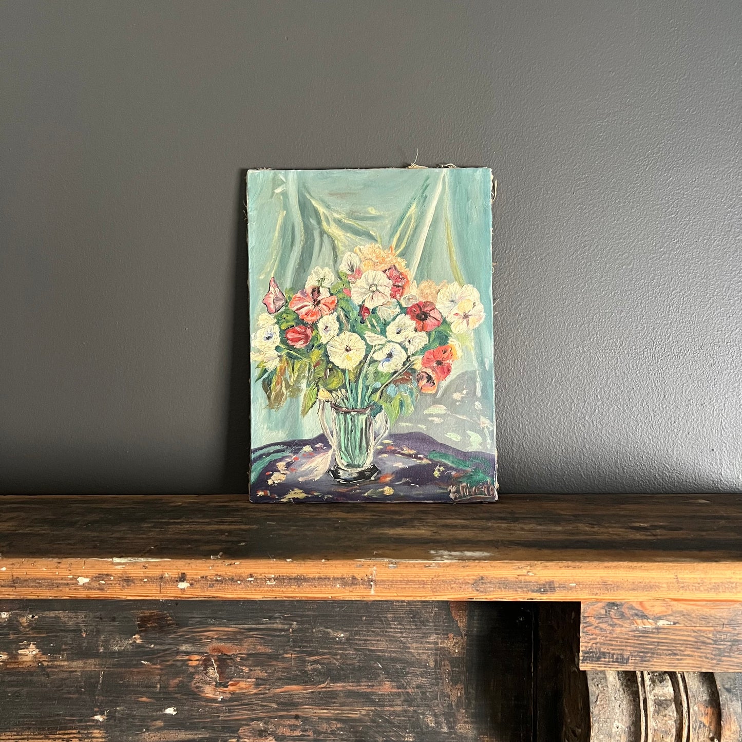 Vintage Oil Painting Still Life Blooms in Vase