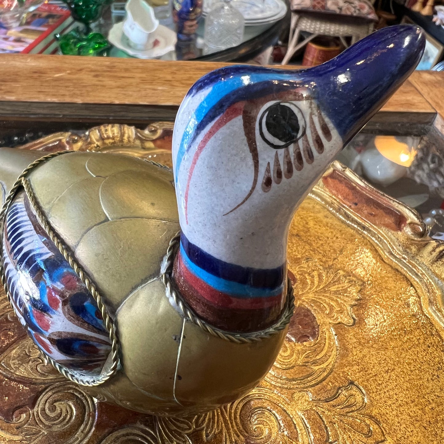 Vintage Tonala Pottery & Brass Duck Mexico