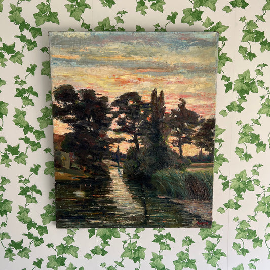 Large Vintage Landscape Painting Countryside with River at Sunset