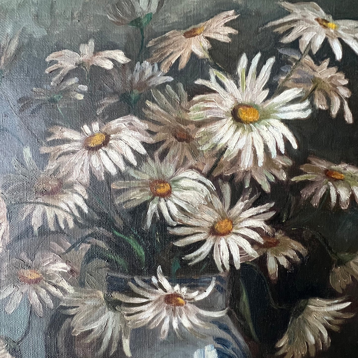 Vintage Oil Painting Still Life Daisies in Pottery Jug c1920s