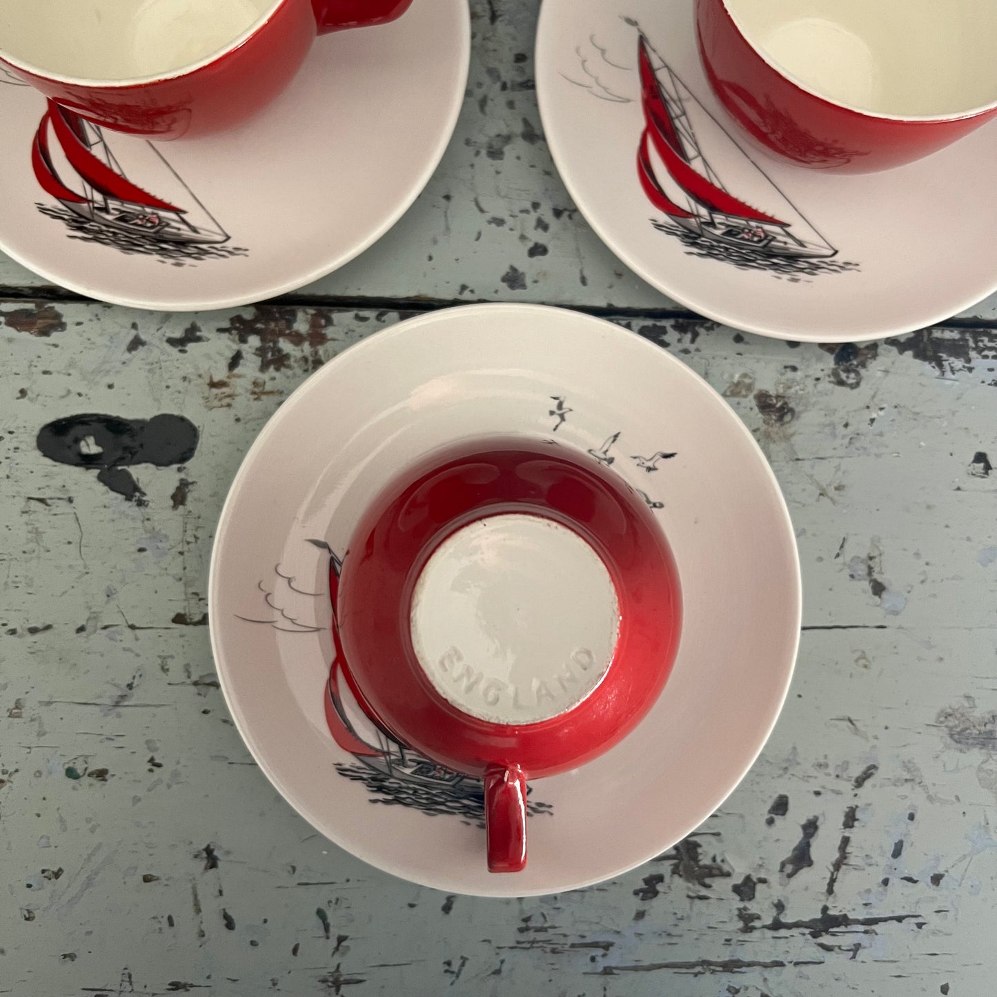 Sail Boat Cup & Saucer ‘Regatta’ pattern by Palissy England c1950s Set 3