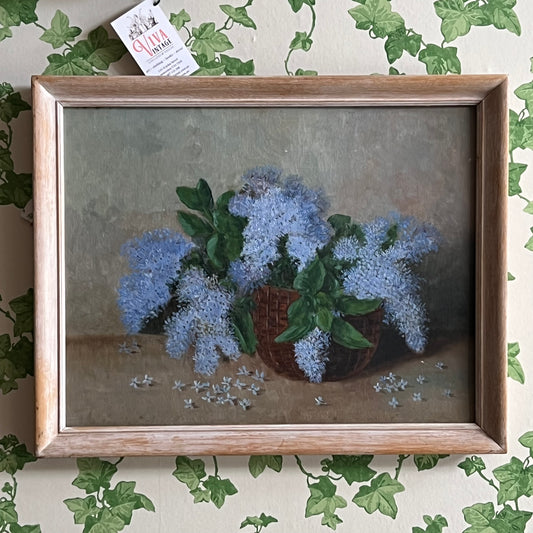 Vintage Painting Still Life of Blue Flowers in Basket