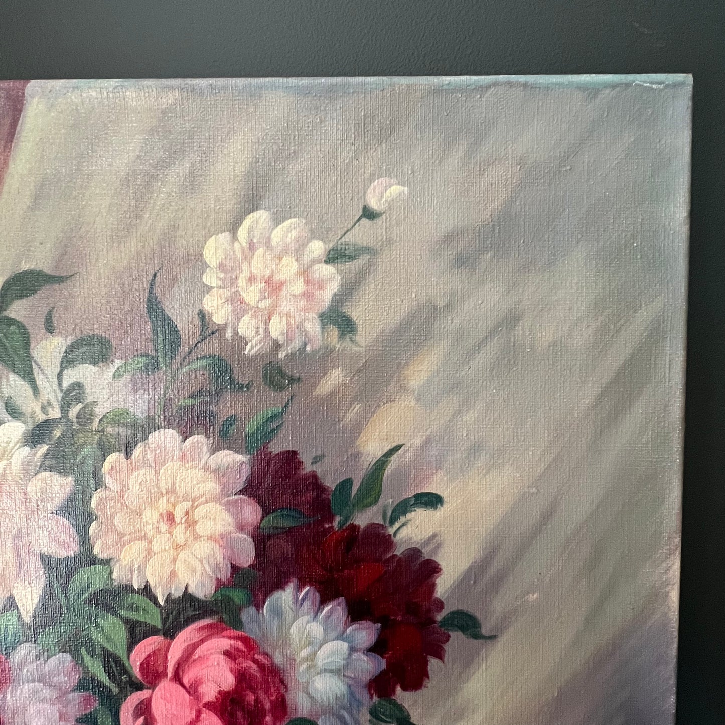 Vintage Oil Painting Dutch Still Life Pretty Peonies & Dahlias