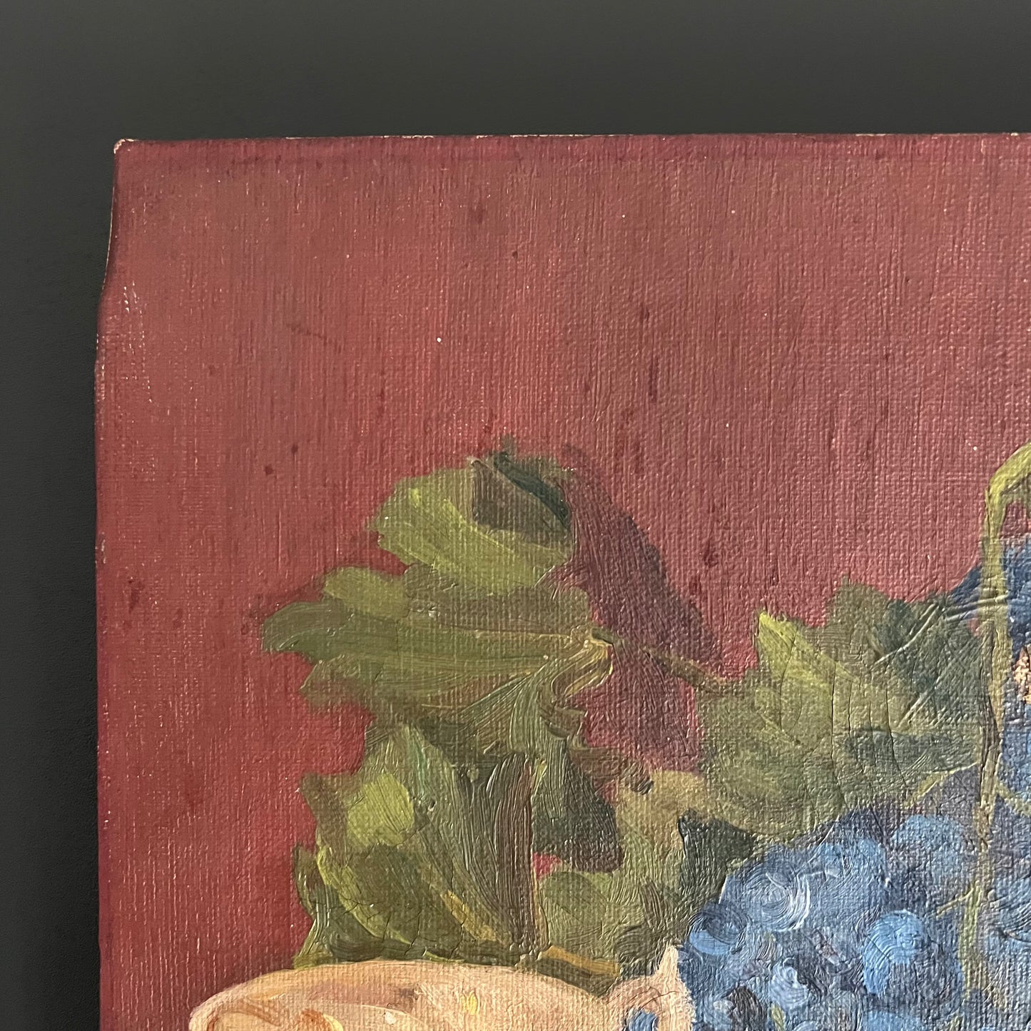 Vintage Oil Painting Still Life Copper Pot and Grapes with Cup and Saucer