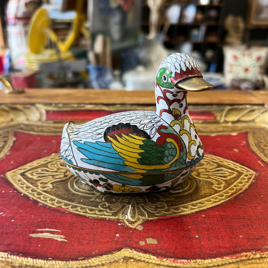 Vintage Cloisonné Brass Duck Box