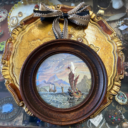 Antique Seascape Wall Hanging Framed Pot Lid Prattware c1870s