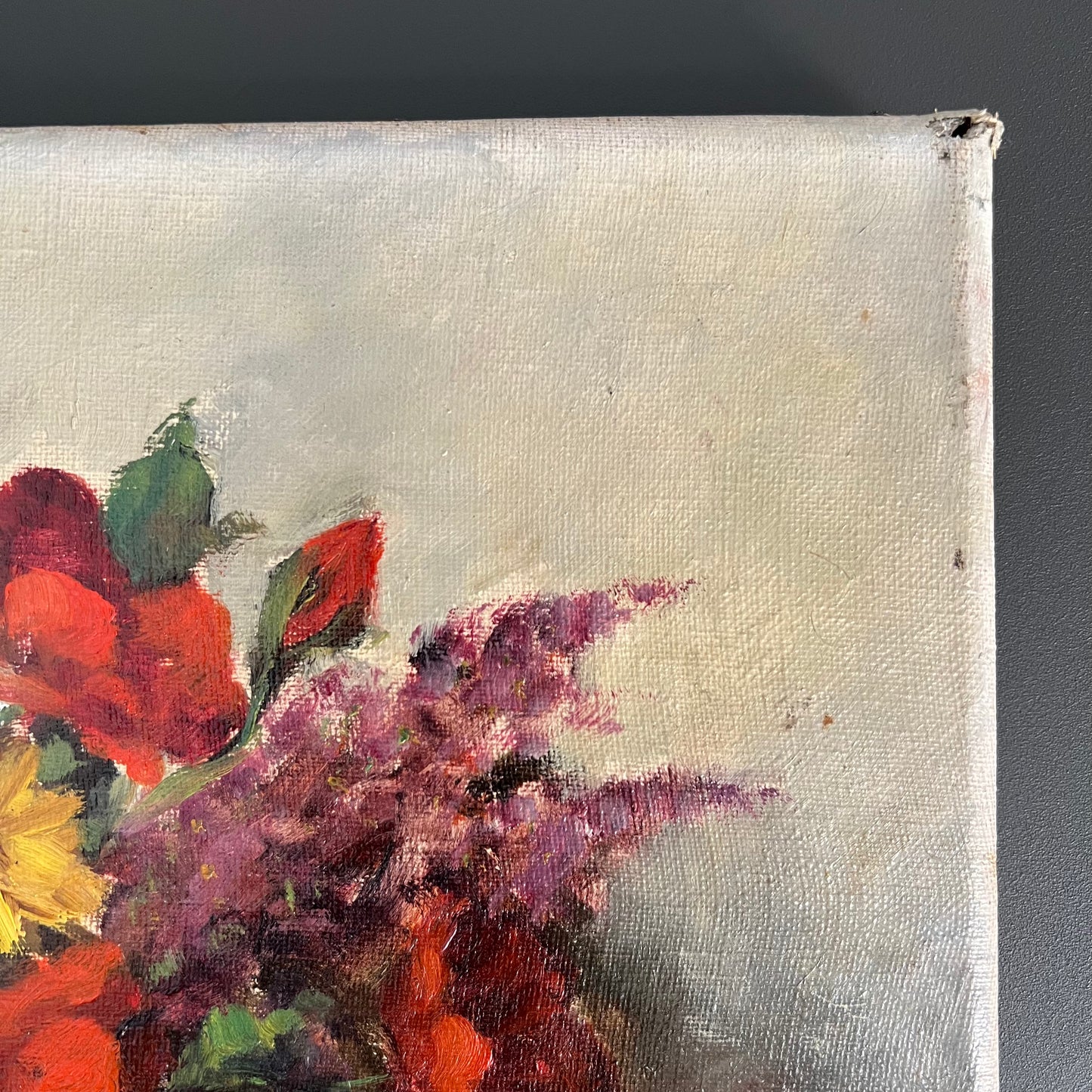 Vintage Oil Painting Still Life Bright Blooms in Pottery Vase