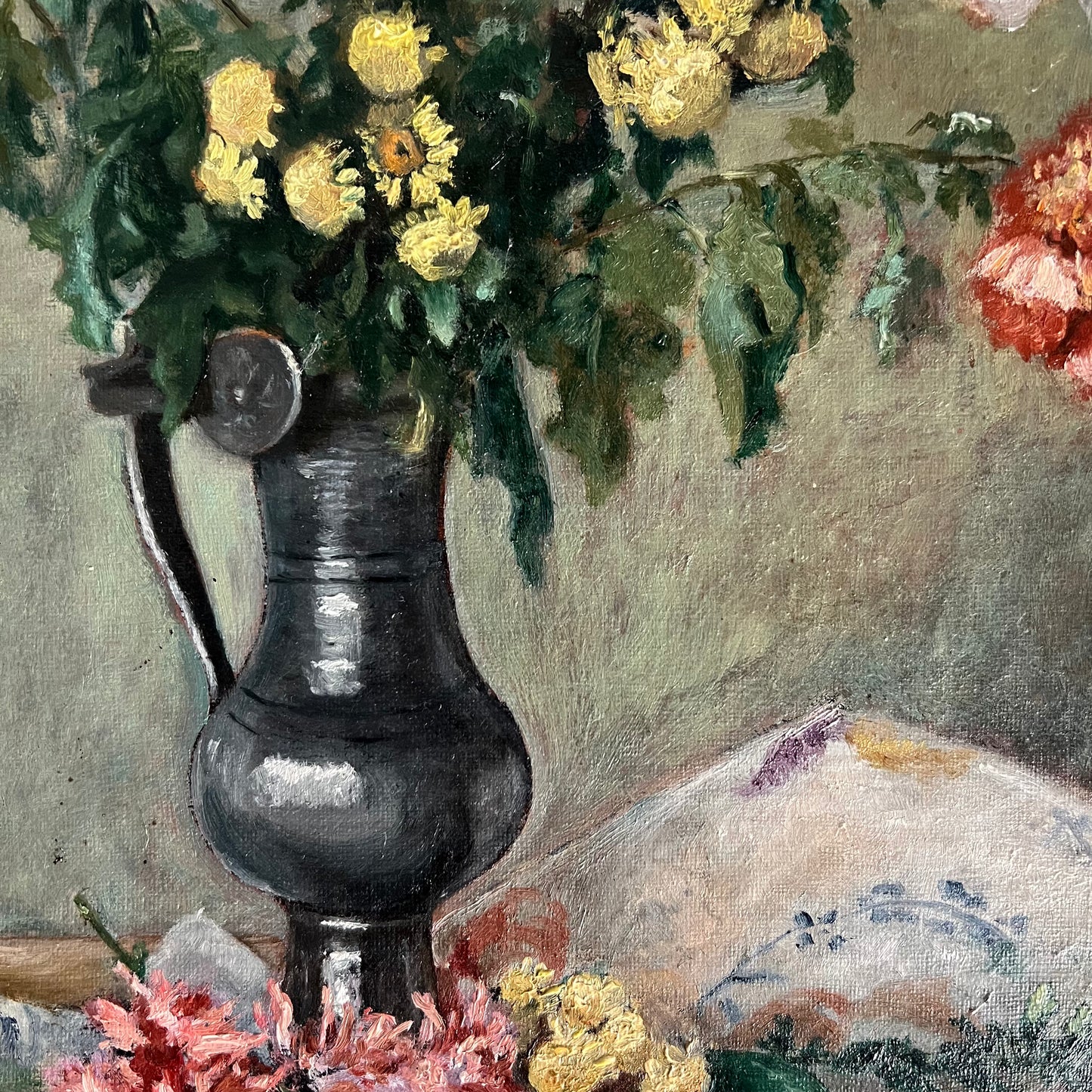 Antique Oil Painting Still Life Flowers in Pewter Jug French c1880s