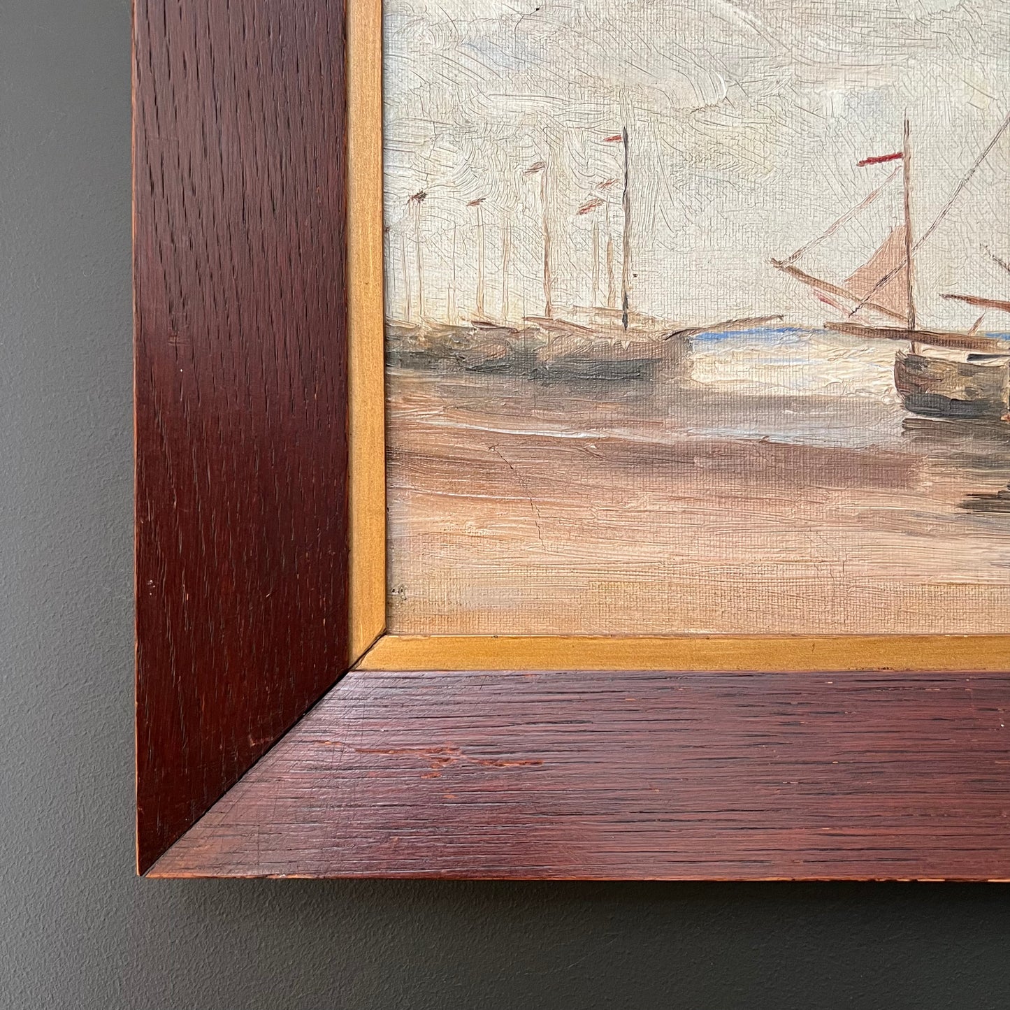 Antique Oil Painting Sailing Boats on the Seashore c1920