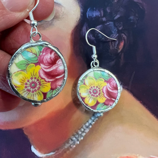 Vintage China Earrings Yellow & Pink Fleurs