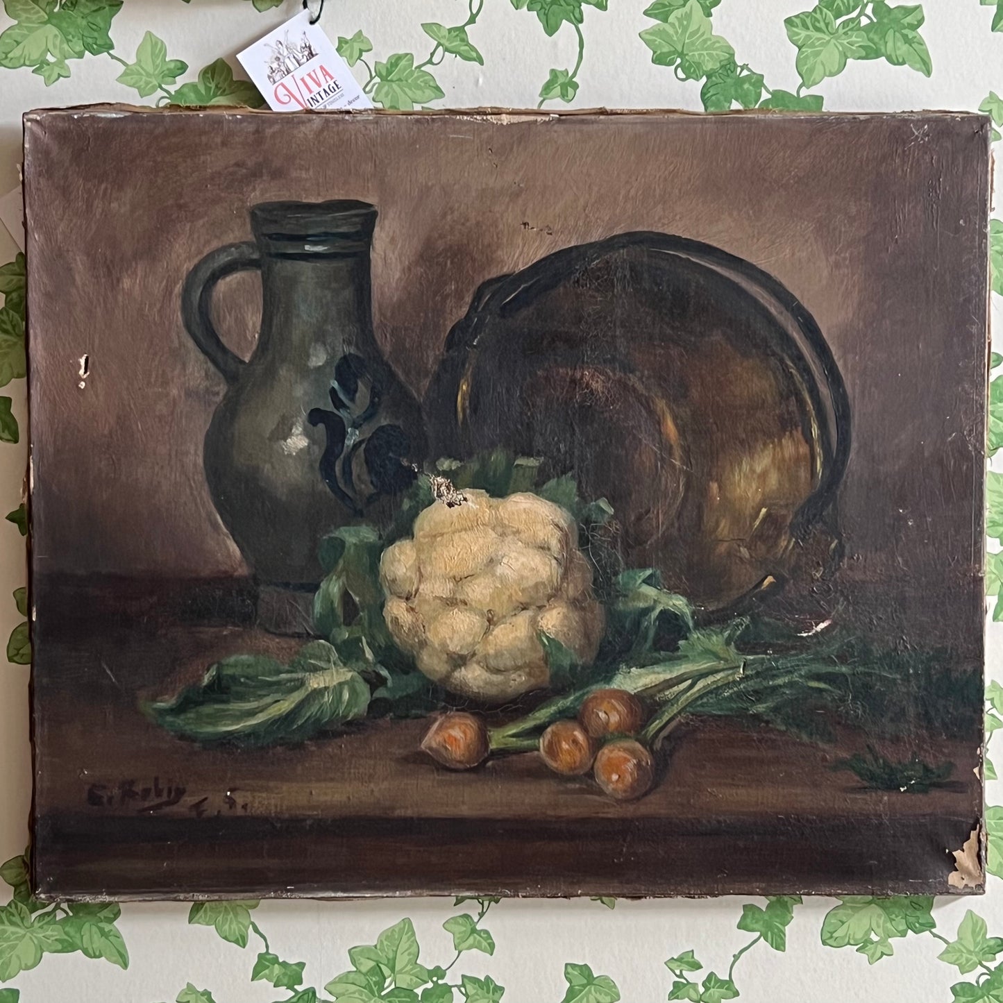 Antique Rustic Oil Painting Still Life Pottery Jug, Brass Pot & Vegetables