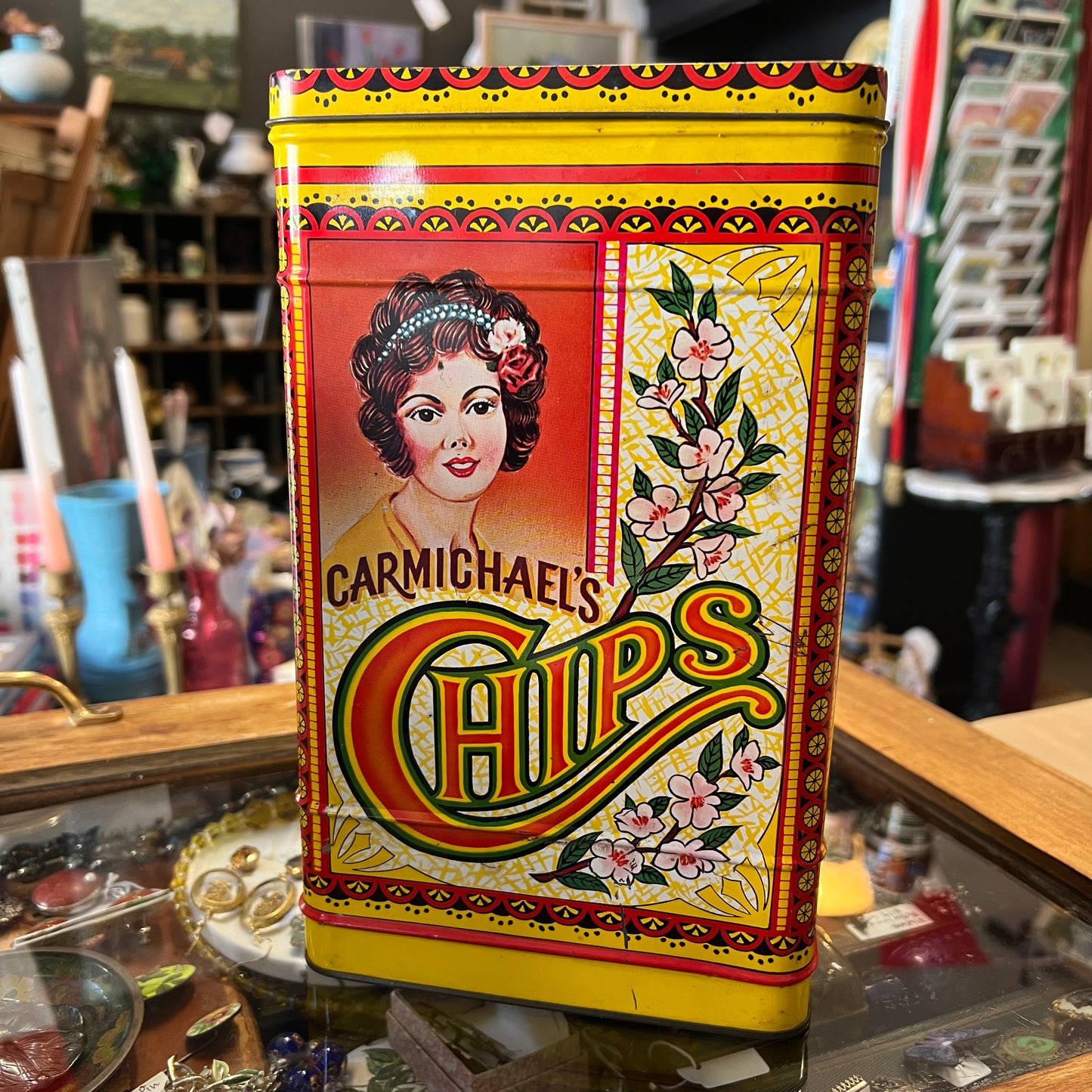 Vintage Advertising Tin Set~ Carmichael’s Chips, Hague’s Pretzels, Radford’s Nuts