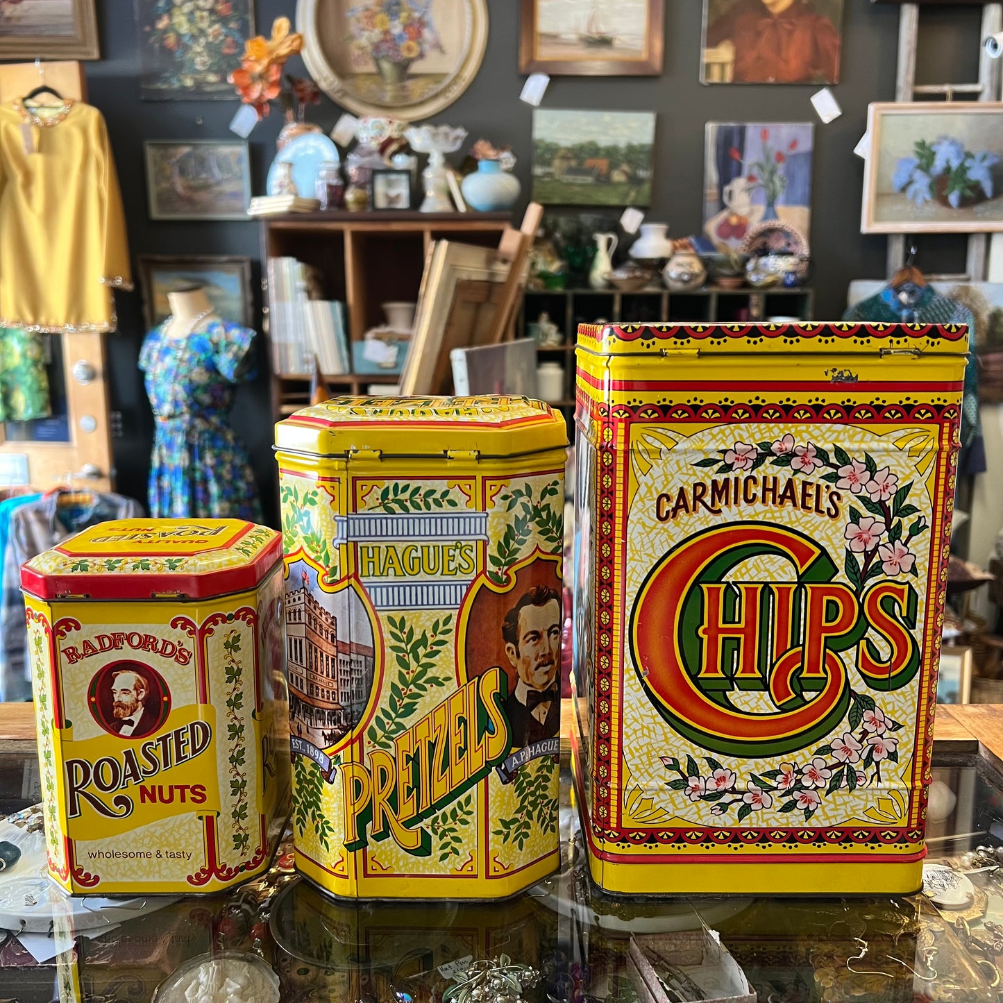 Vintage Advertising Tin Set~ Carmichael’s Chips, Hague’s Pretzels, Radford’s Nuts