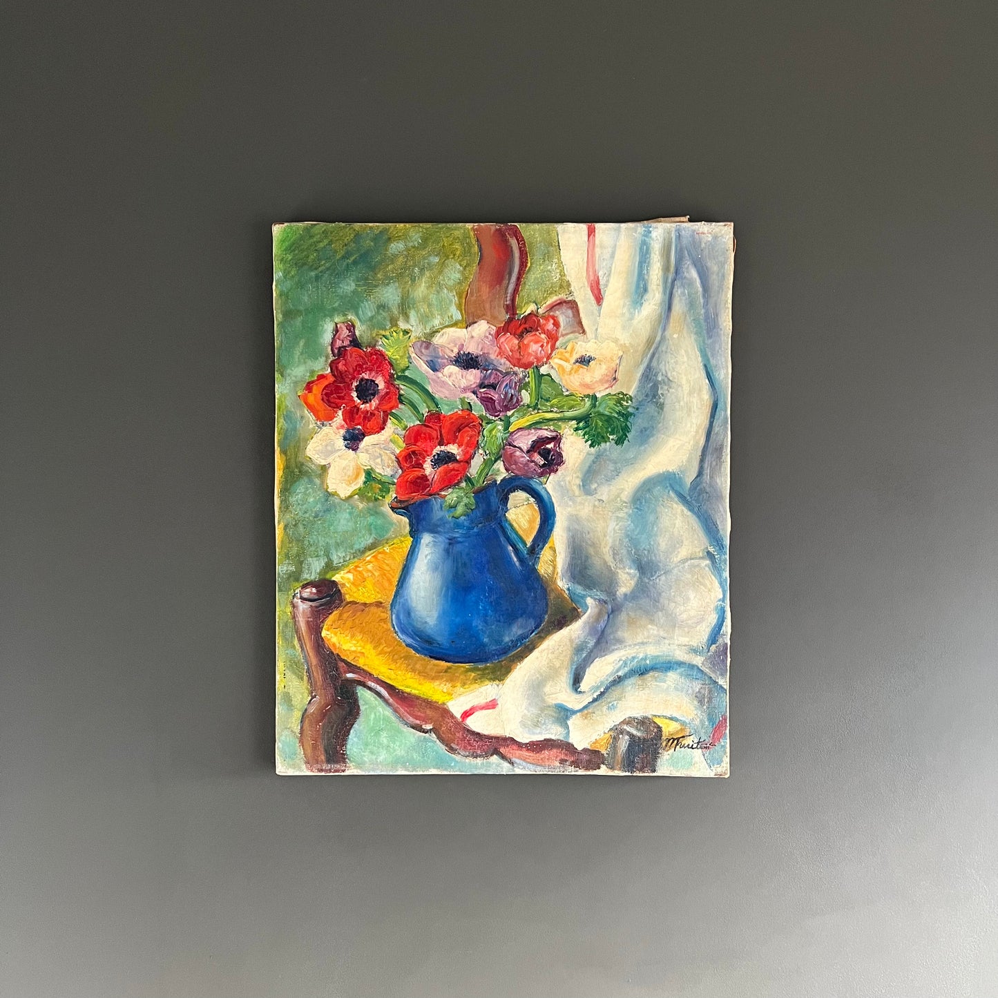 Vintage Oil Painting Still Life Anemone Flowers in Blue Jug