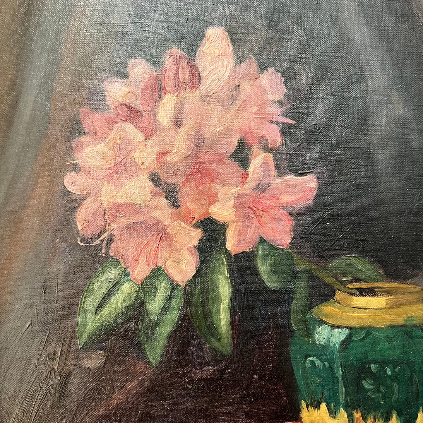 Vintage Oil Painting Still Life of Books, Ginger Jar & Rhododendron