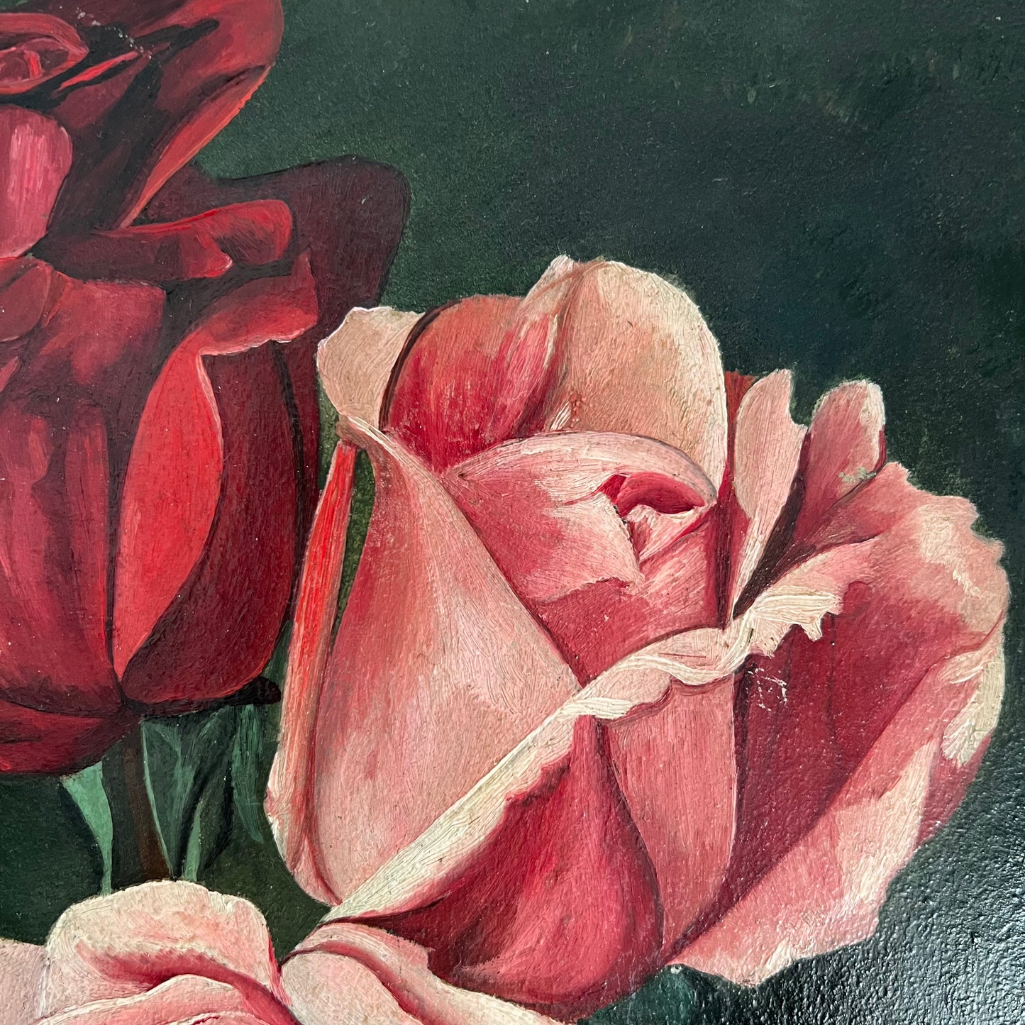 Vintage Oil Painting Still Life Trio of Roses