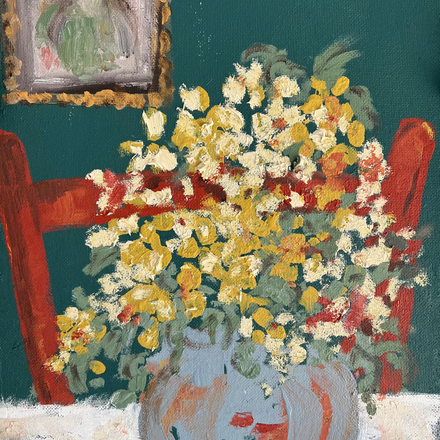 Vintage Painting Interior Scene Flowers with Red Chair and Portrait