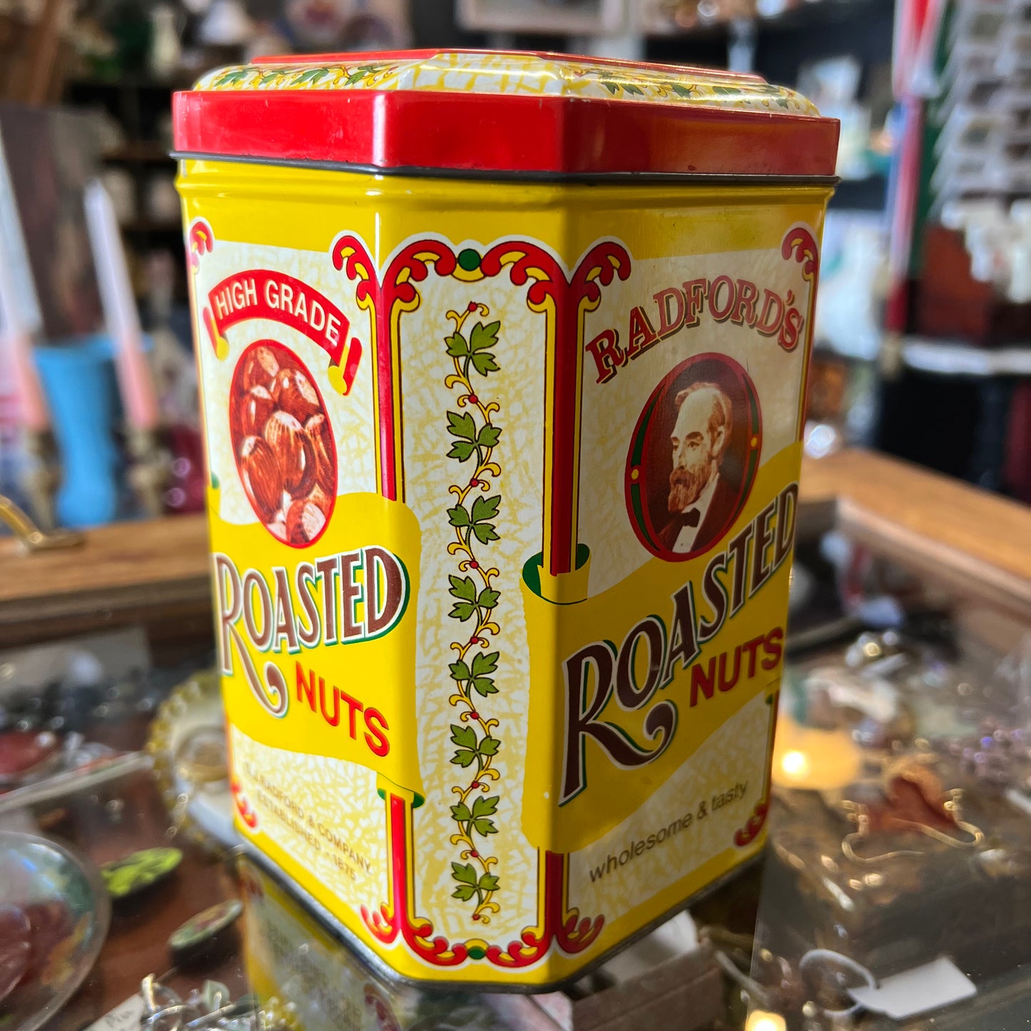 Vintage Advertising Tin Set~ Carmichael’s Chips, Hague’s Pretzels, Radford’s Nuts